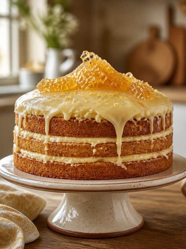 Honey-glazed homemade layer cake on a ceramic cake stand