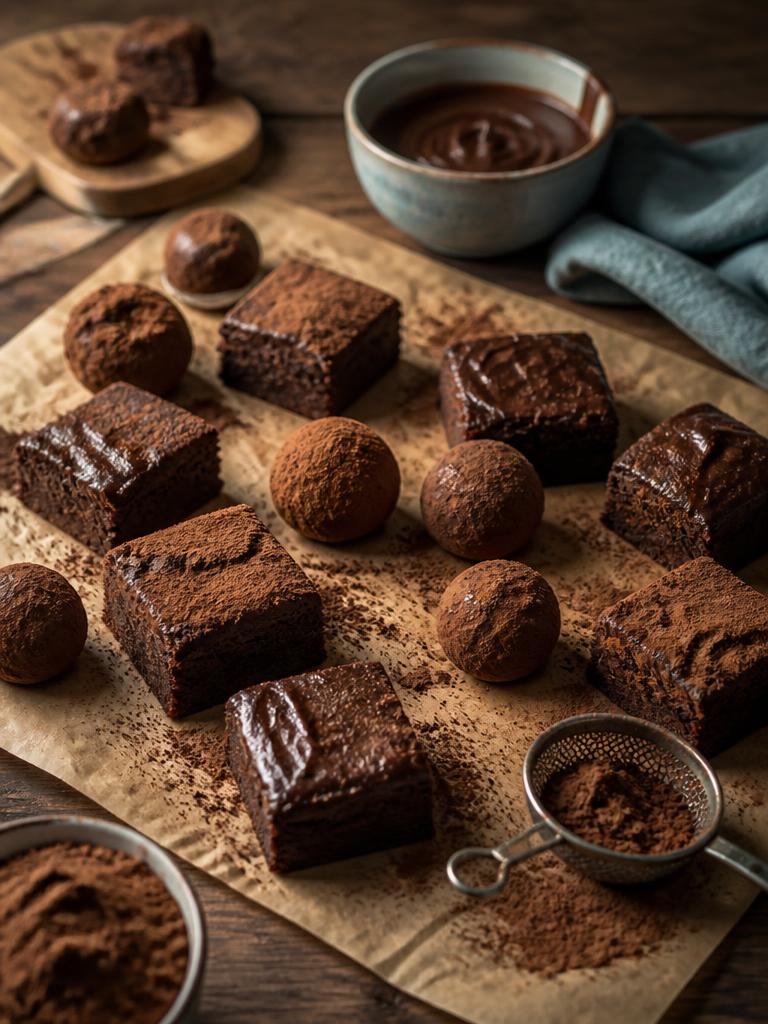 Freshly baked brownies and cocoa truffles on parchment paper